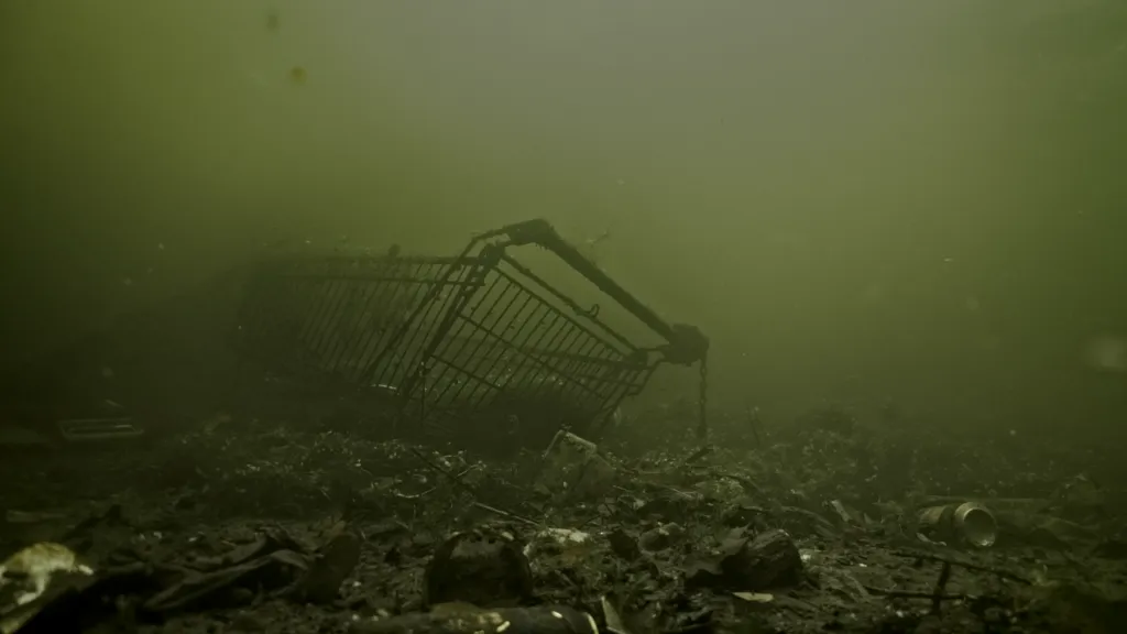 photo d'un caddie sous l'eau 