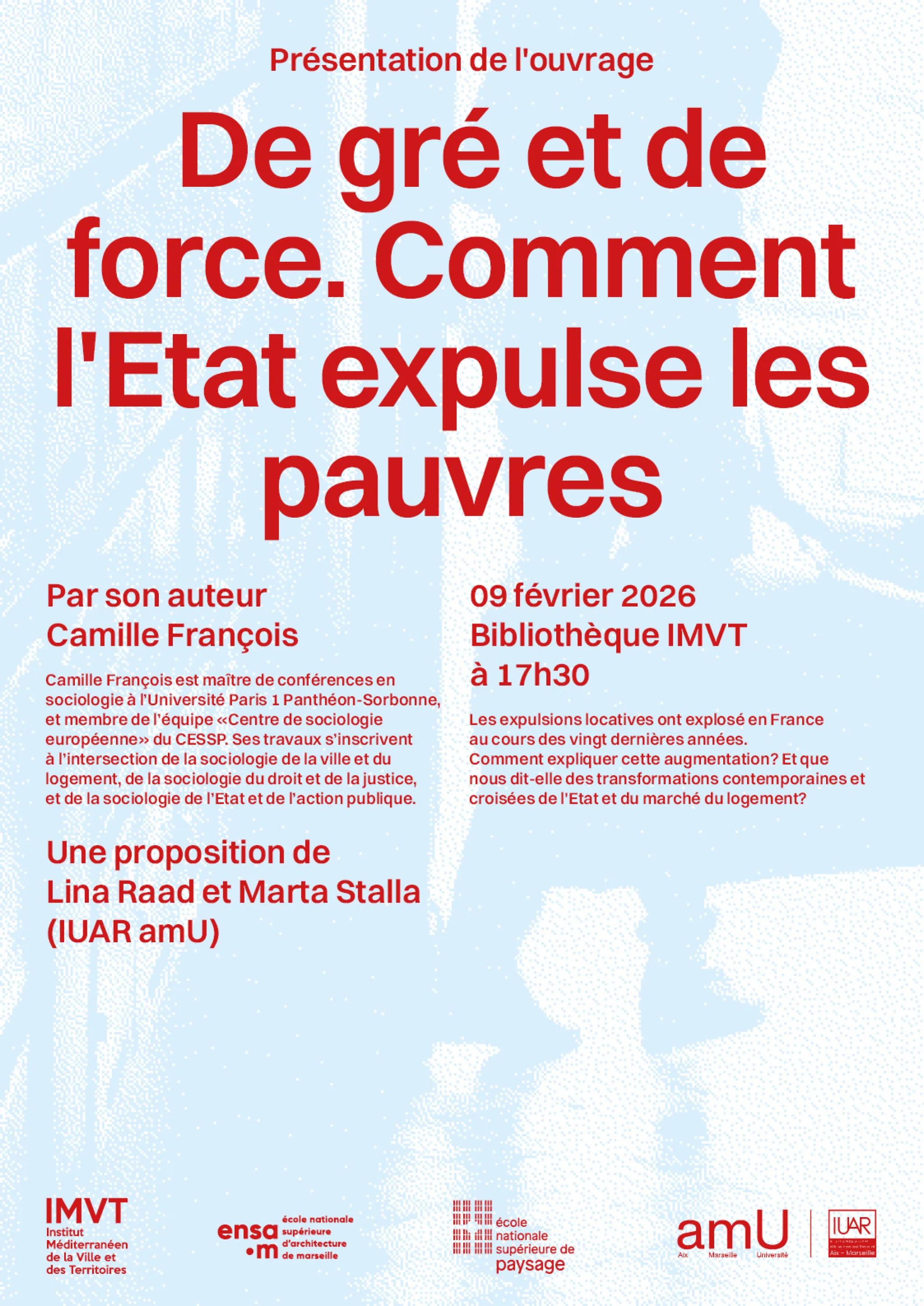 affiche sur fond bleu clair et titre de l'ouvrage en rouge