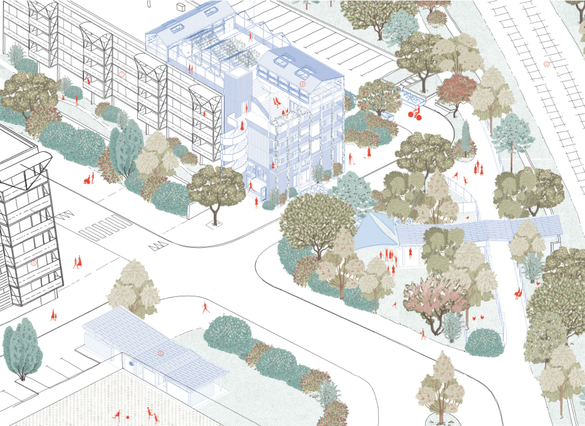 Illustration d'un pdfe portant sur l'écologie populaire et représentant l'intégration d'un bâtiment dans le paysage urbain